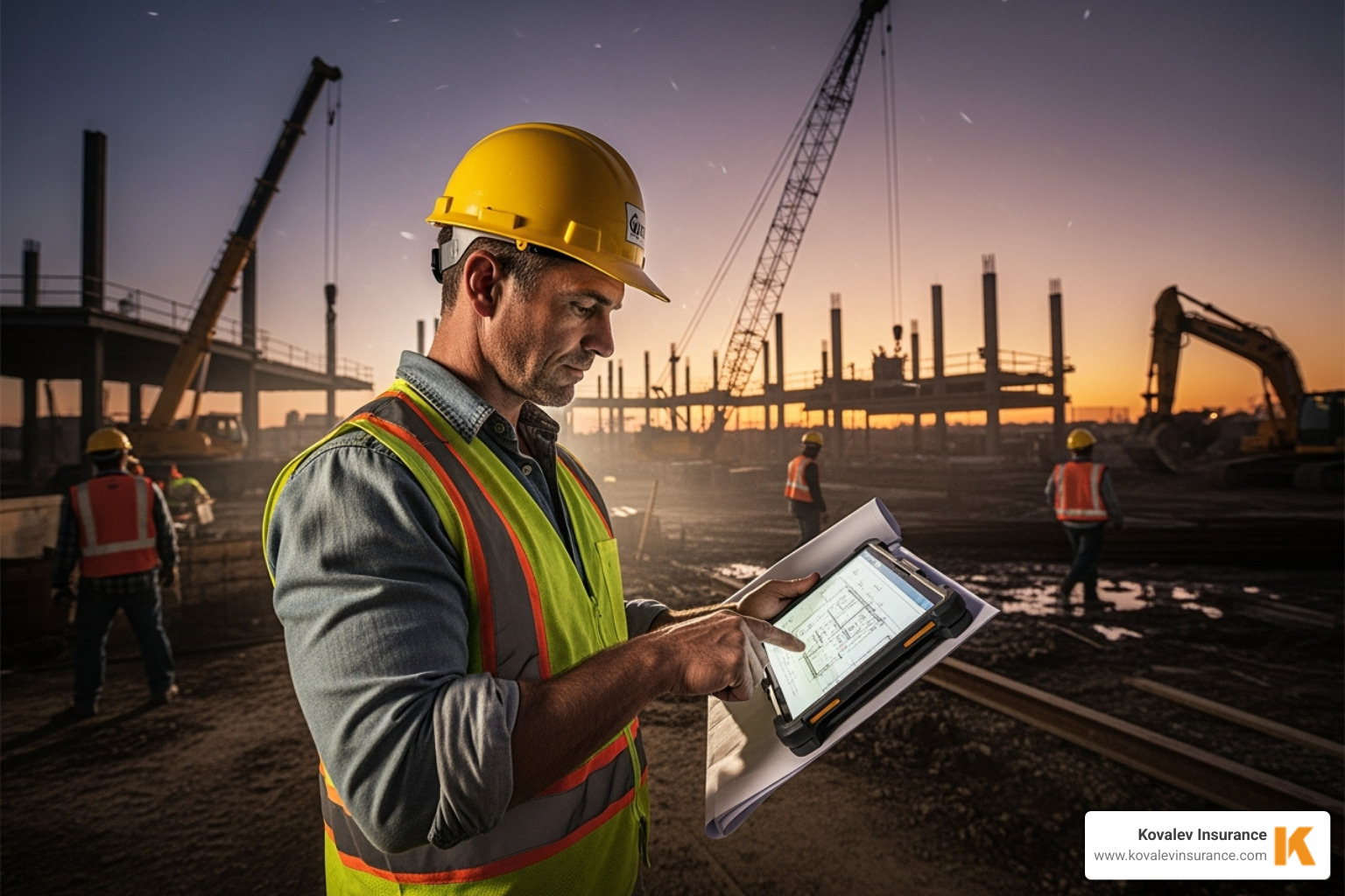 Image of a contractor reviewing blueprints on a tablet - contractors all risk insurance quote