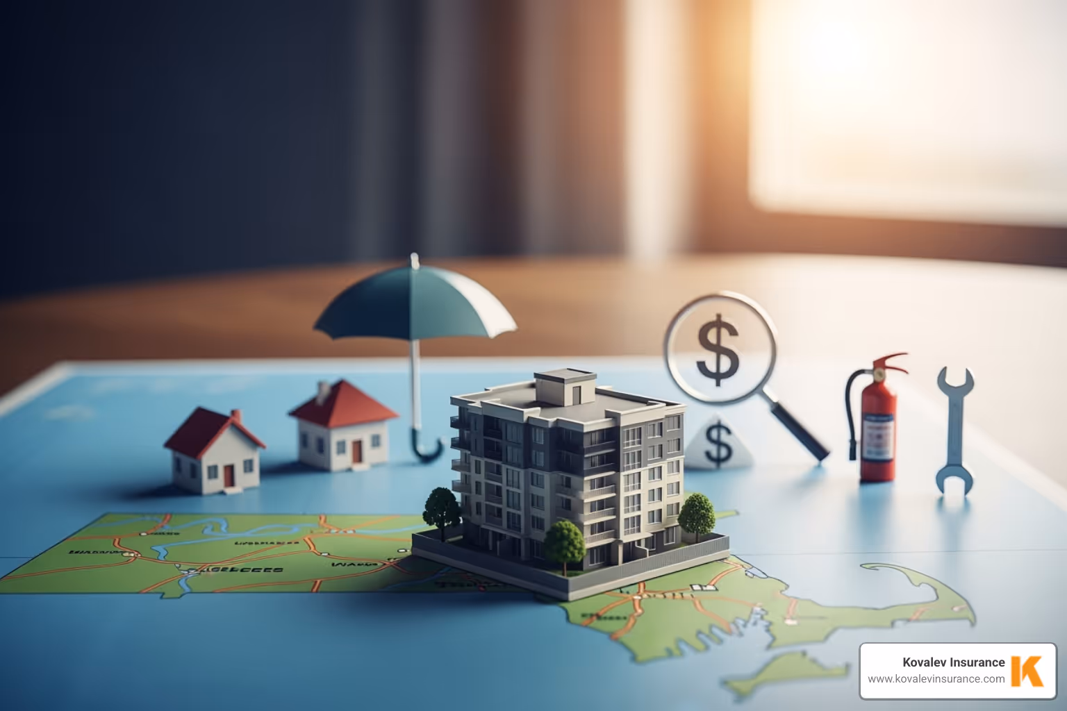 calculator and a house key on a map of Massachusetts - how much is condo insurance in massachusetts