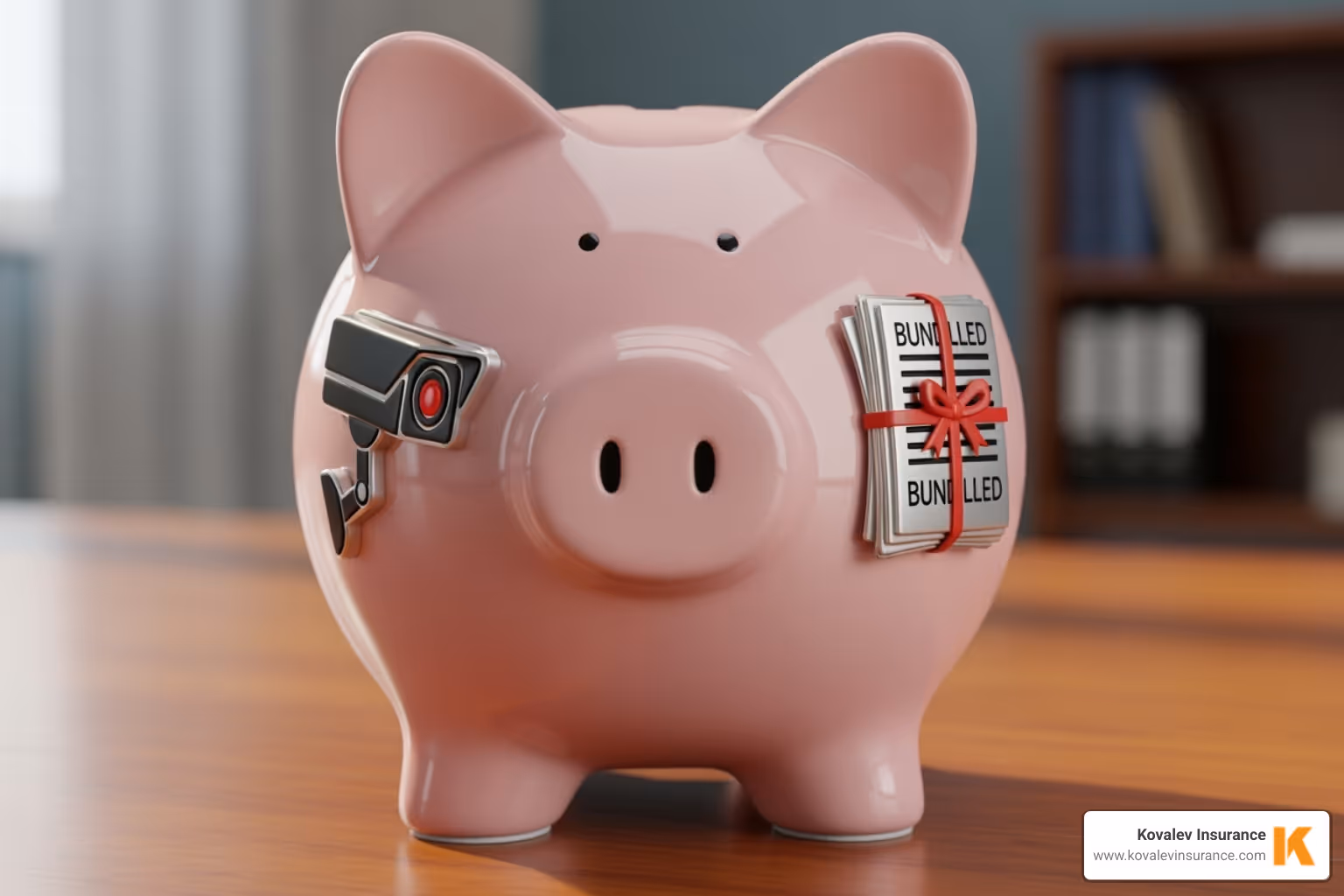 piggy bank with a security system icon and a bundled policy icon - how much is condo insurance in massachusetts