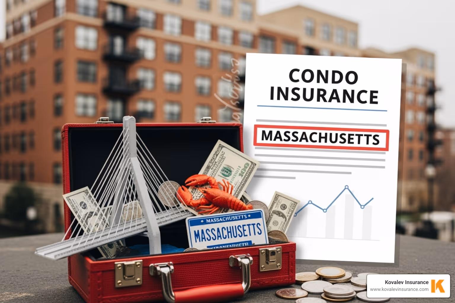 various factors influencing cost, like a credit score report, a calendar for building age, and a map pin - how much is condo insurance in massachusetts