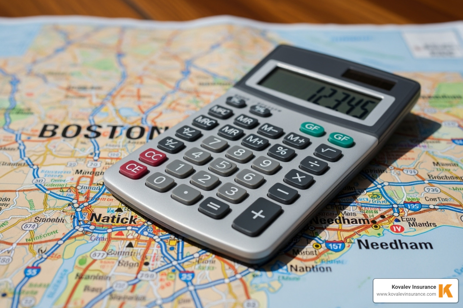 A calculator overlaid on a map of the greater Boston area including Natick and Needham - massachusetts condo insurance requirements