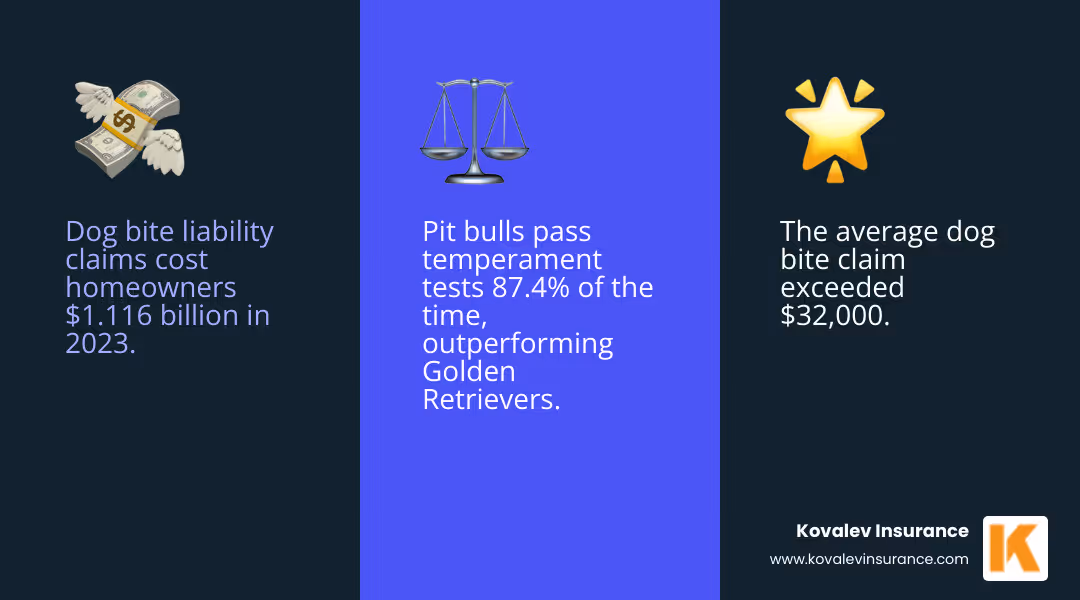 Infographic showing dog bite claim statistics: $1.116 billion total cost in 2023, 19,062 total claims, $32,000+ average claim cost, and 87.4% pit bull temperament test pass rate compared to breed restrictions by major insurers - homeowners insurance and pitbulls infographic 3_facts_emoji_blue Infographic showing dog bite claim statistics: $1.116 billion total cost in 2023, 19,062 total claims, $32,000+ average claim cost, and 87.4% pit bull temperament test pass rate compared to breed restrictions by major insurers - homeowners insurance and pitbulls infographic 3_facts_emoji_blue
