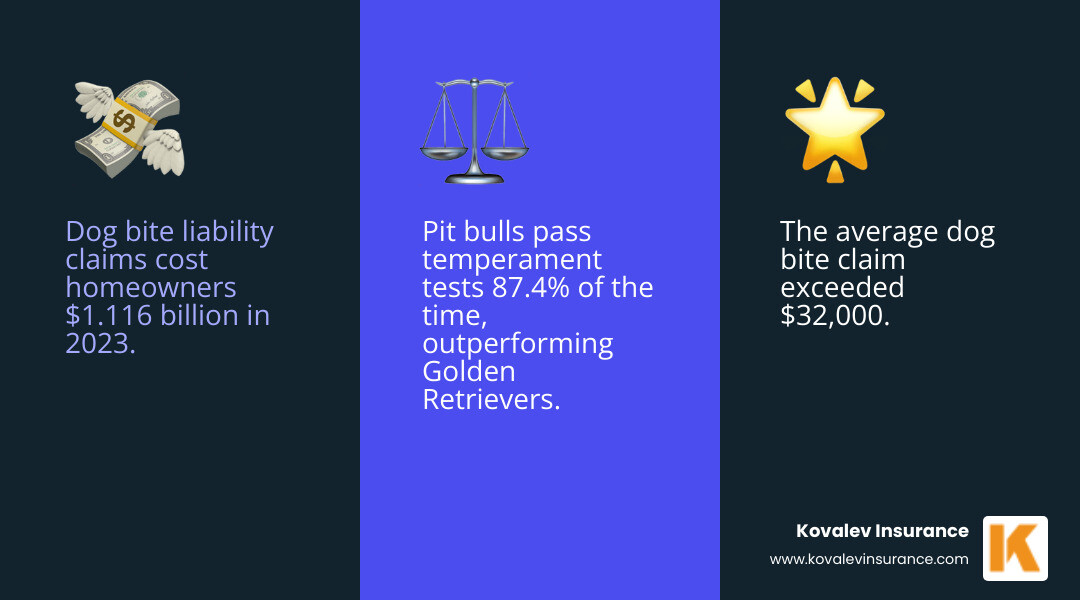 Infographic showing dog bite claim statistics: $1.116 billion total cost in 2023, 19,062 total claims, $32,000+ average claim cost, and 87.4% pit bull temperament test pass rate compared to breed restrictions by major insurers - homeowners insurance and pitbulls infographic 3_facts_emoji_blue