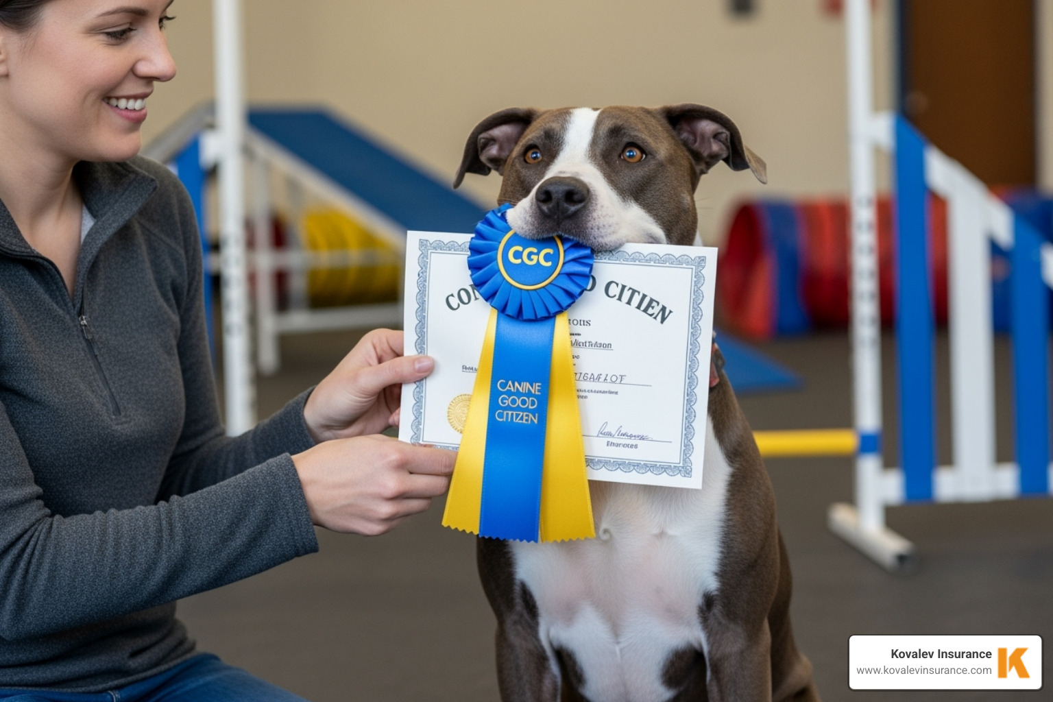 dog receiving a CGC certificate - homeowners insurance and pitbulls
