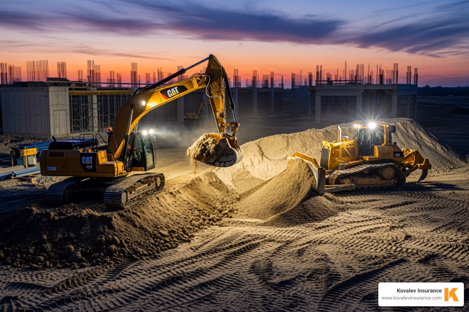 heavy construction equipment like an excavator and a bulldozer on a work site - contractors equipment insurance coverage