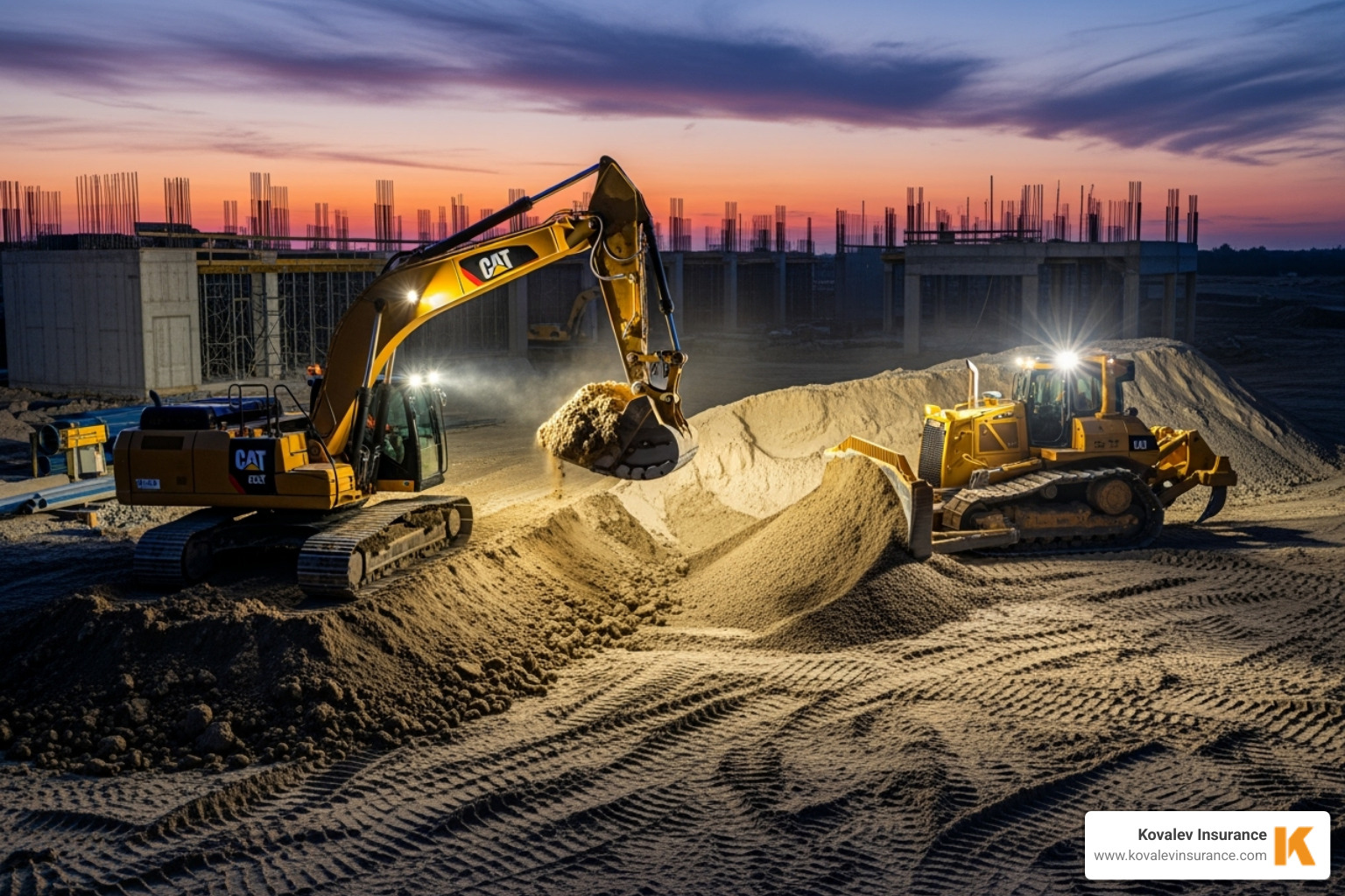 heavy construction equipment like an excavator and a bulldozer on a work site - contractors equipment insurance coverage
