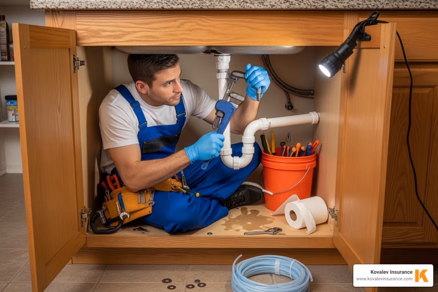 plumber working under kitchen sink - massachusetts plumbers insurance concept