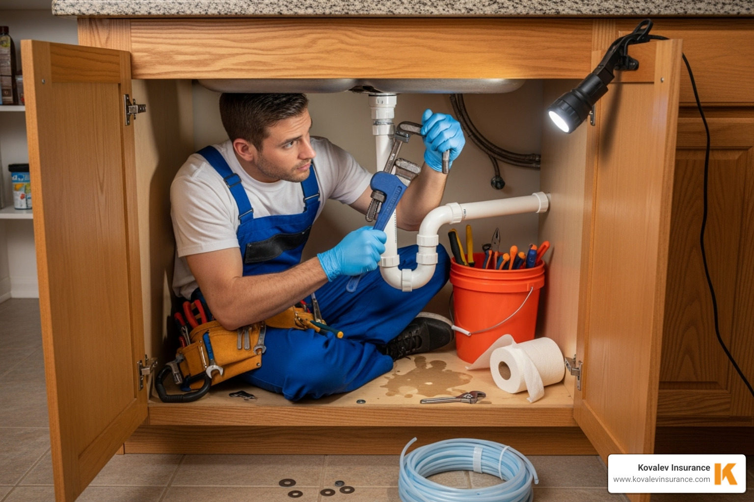 plumber working under kitchen sink - massachusetts plumbers insurance concept