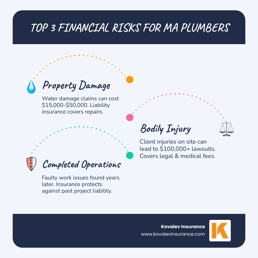 Infographic showing the top 3 financial risks for Massachusetts plumbers: property damage claims averaging $15,000-50,000, bodily injury lawsuits up to $100,000, and completed operations claims that can emerge years later, with liability insurance providing a protective safety net for each risk - plumber liability insurance infographic infographic-line-3-steps-blues-accent_colors