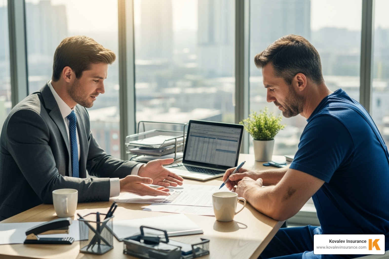 Image of an insurance agent discussing a policy with a plumber - plumber liability insurance