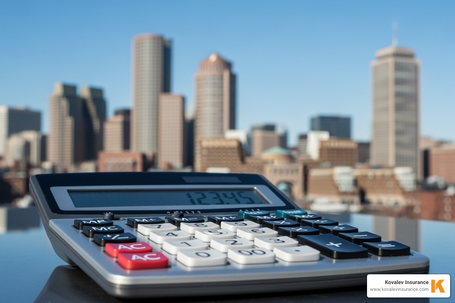 calculator with a backdrop of the Boston skyline - self contractor insurance