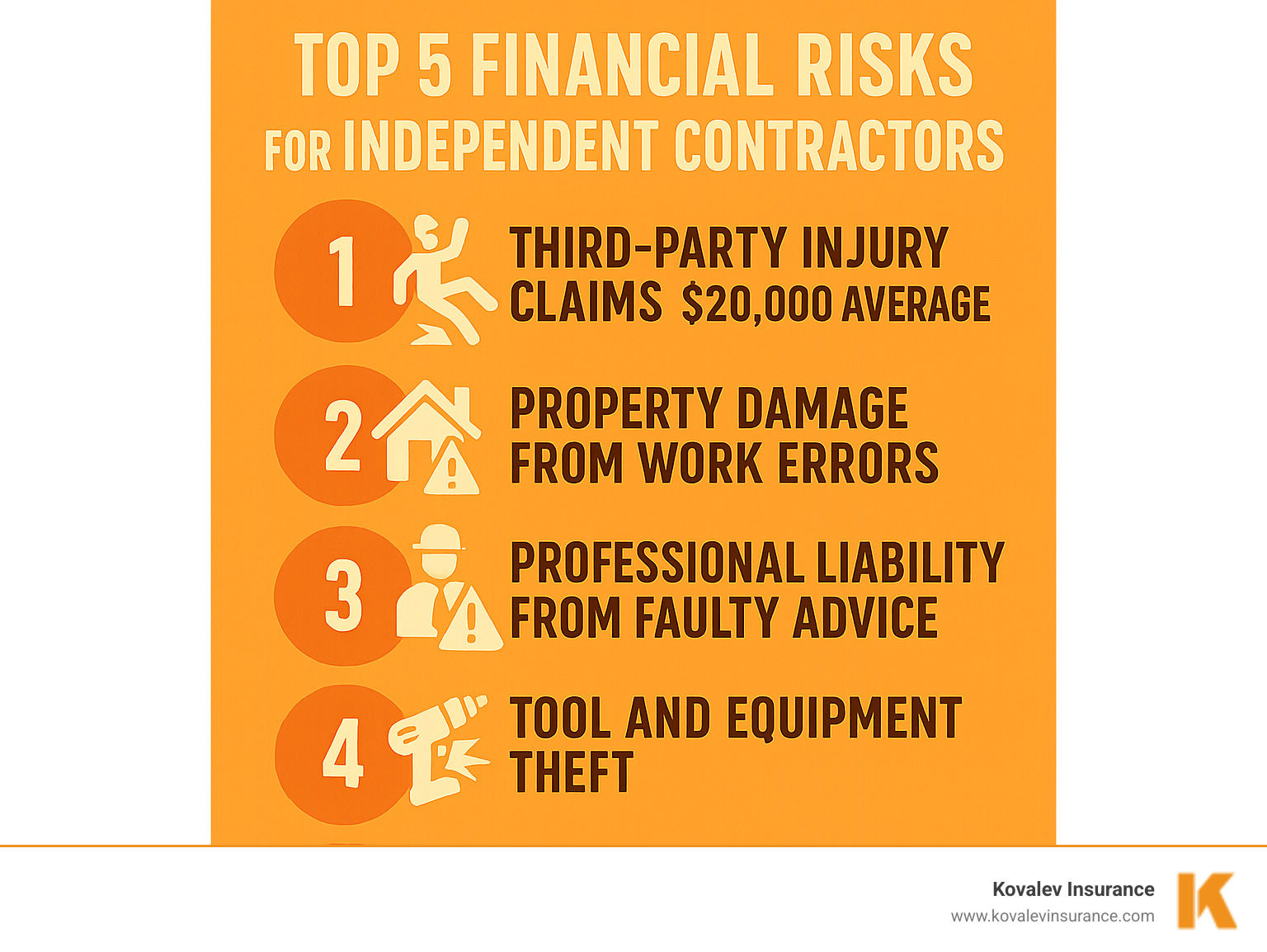 Infographic showing the top 5 financial risks for independent contractors: 1. Third-party injury claims averaging $20,000, 2. Property damage from work errors, 3. Professional liability from faulty advice, 4. Tool and equipment theft, 5. Legal defense costs from lawsuits - self contractor insurance infographic 