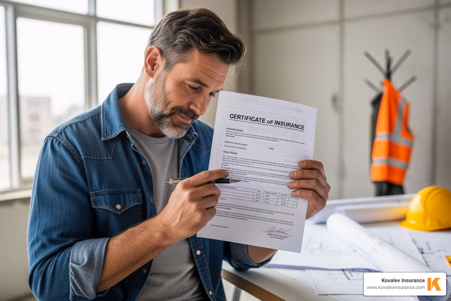 contractor examining a Certificate of Insurance from a subcontractor - self contractor insurance contractor examining a Certificate of Insurance from a subcontractor - self contractor insurance