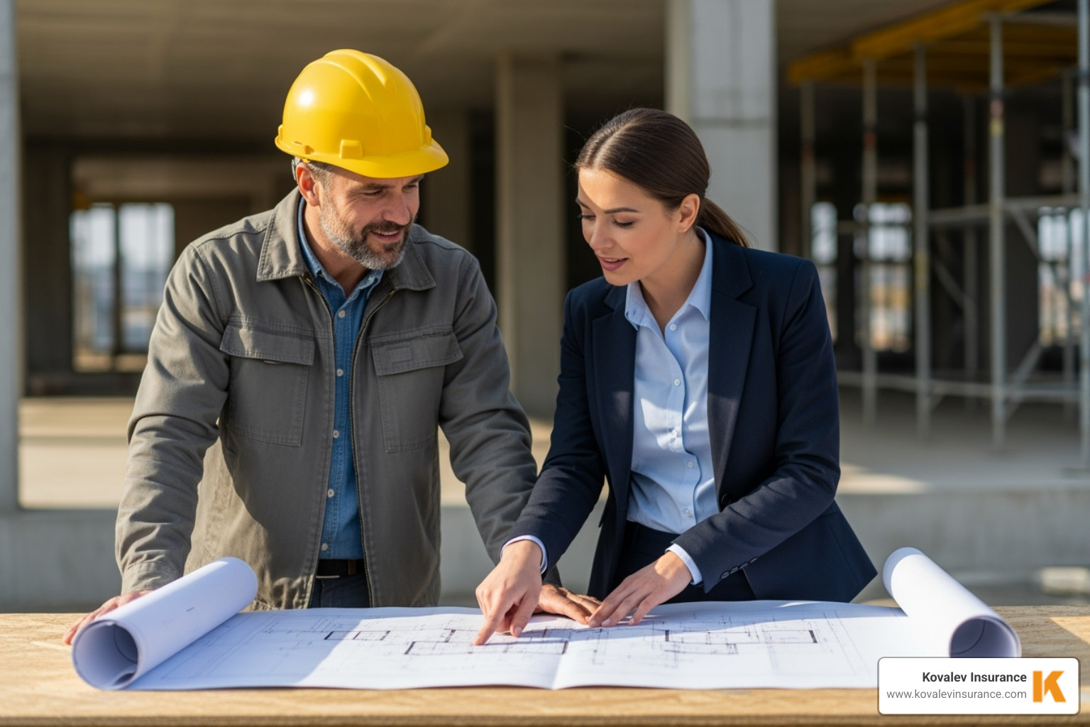 contractor reviewing blueprints with a client - self contractor insurance