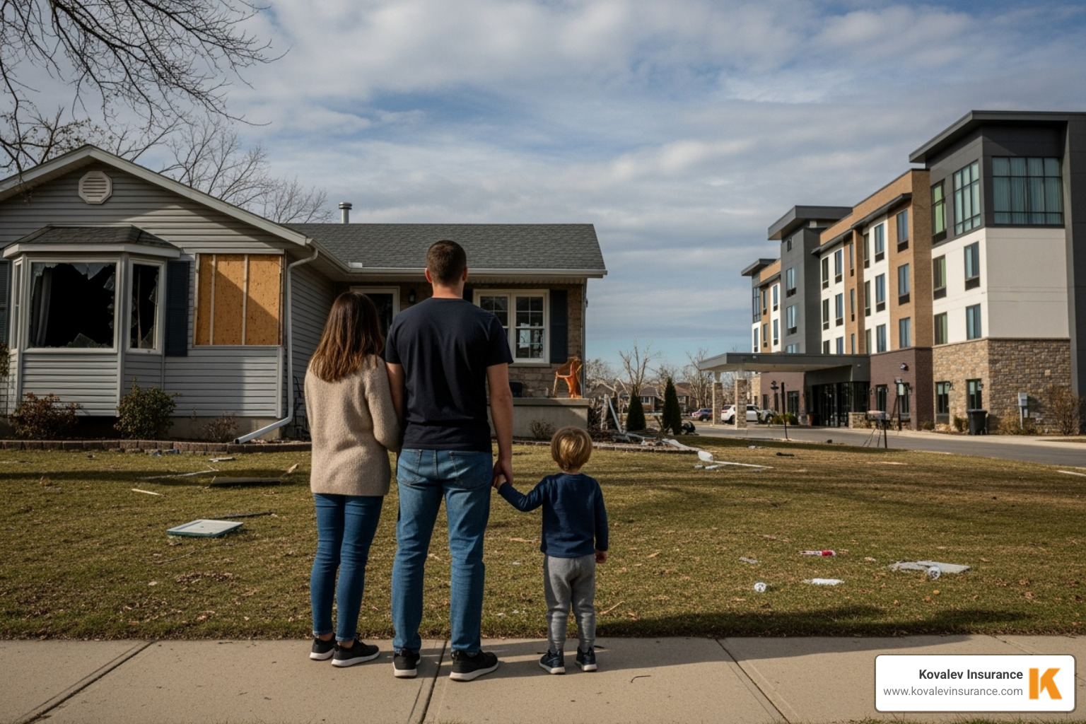 family standing on sidewalk in front of closed home