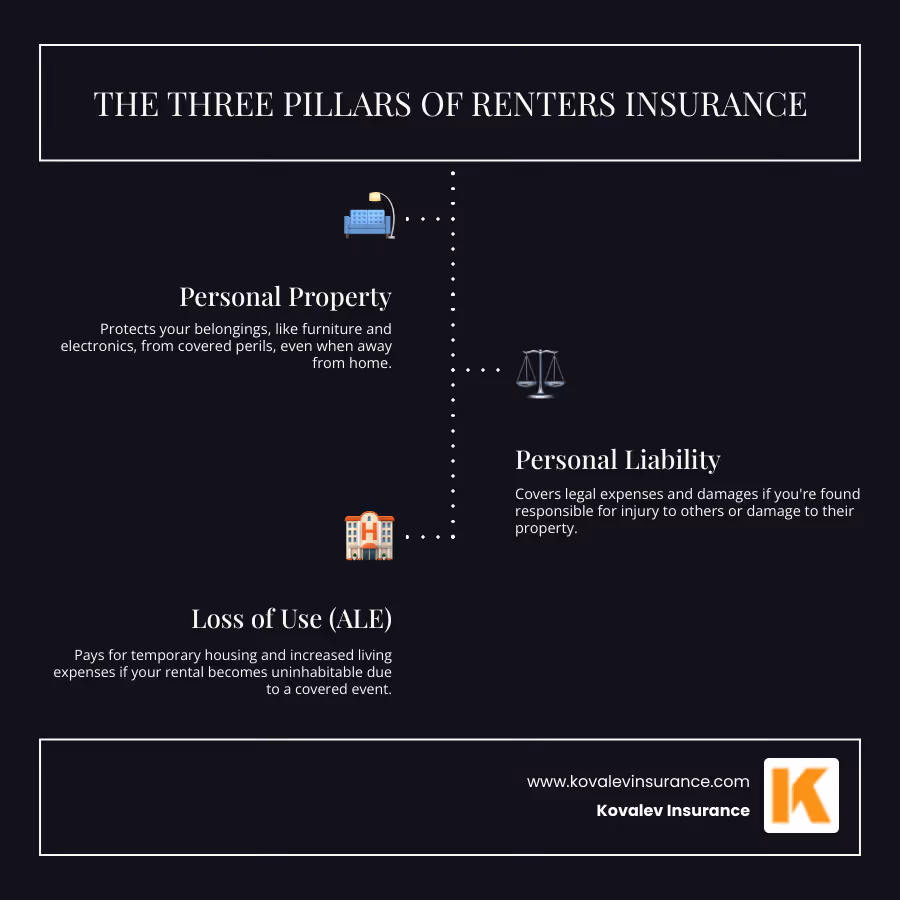 Infographic explaining the three main components of renters insurance: Personal Property, Liability, and Loss of Use. - renters insurance for temporary housing infographic infographic-line-3-steps-dark Infographic explaining the three main components of renters insurance: Personal Property, Liability, and Loss of Use. - renters insurance for temporary housing infographic infographic-line-3-steps-dark