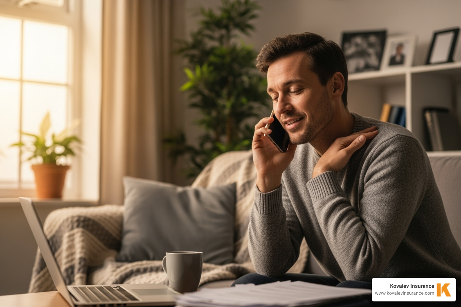 person on the phone with an insurance agent, looking relieved - renters insurance for temporary housing