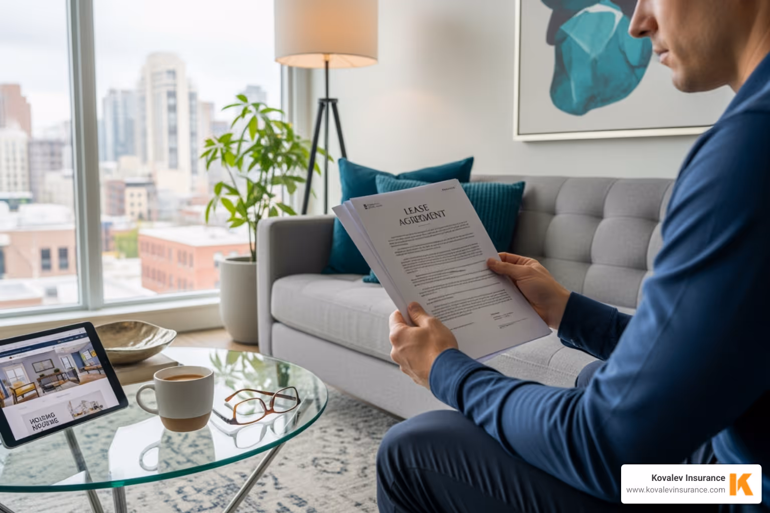 of a person reviewing a lease agreement in a condo setting - Rental condo insurance of a person reviewing a lease agreement in a condo setting - Rental condo insurance