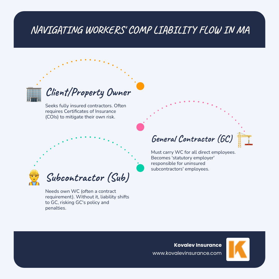Detailed infographic showing the flow of liability and insurance requirements from property owner to general contractor to subcontractors, including who needs coverage at each level and the financial consequences of gaps in coverage - Workers comp for contractors infographic infographic-line-3-steps-blues-accent_colors Detailed infographic showing the flow of liability and insurance requirements from property owner to general contractor to subcontractors, including who needs coverage at each level and the financial consequences of gaps in coverage - Workers comp for contractors infographic infographic-line-3-steps-blues-accent_colors