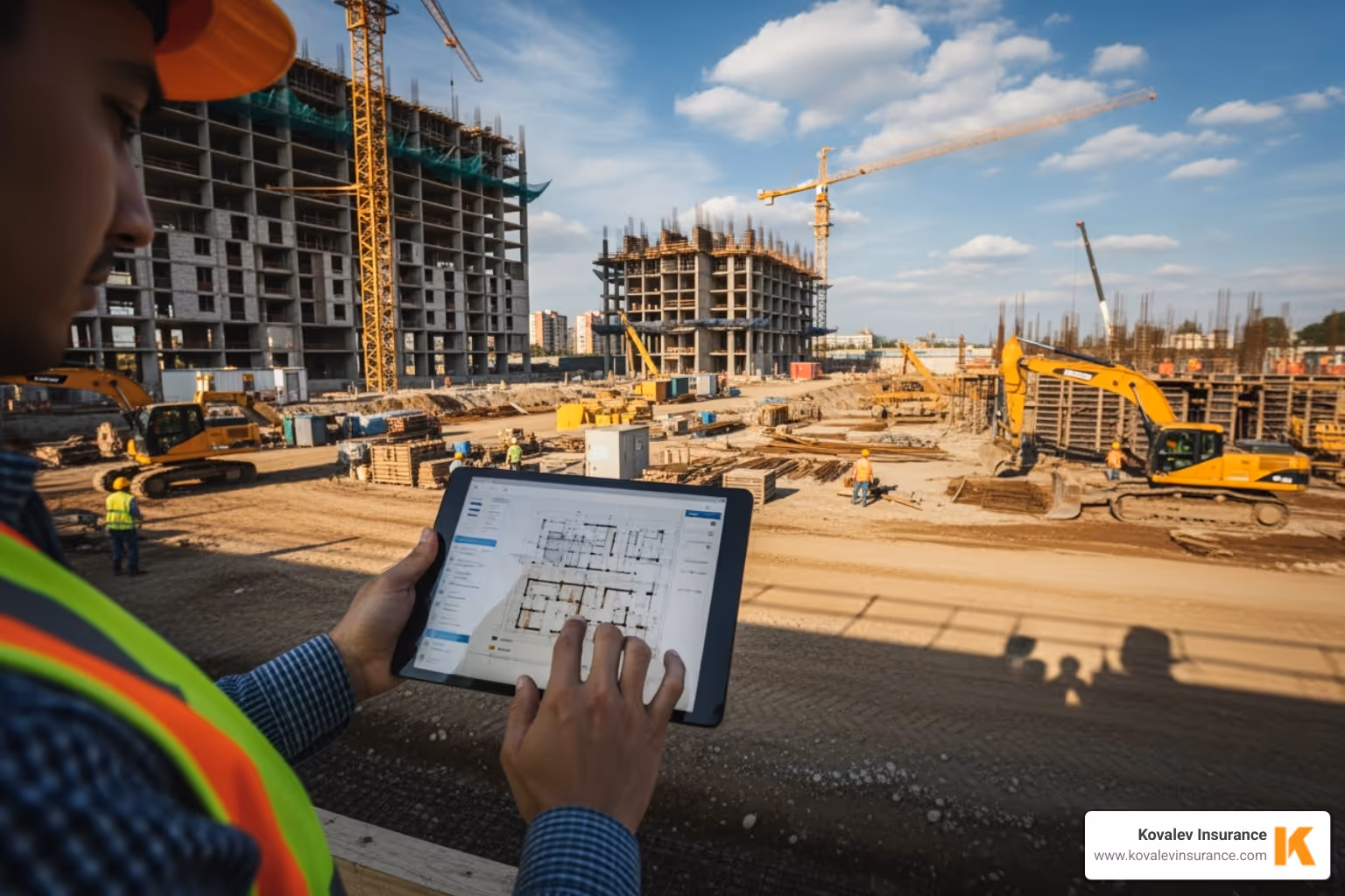 of a person on a tablet with a construction site in the background - builders risk insurance online quote of a person on a tablet with a construction site in the background - builders risk insurance online quote