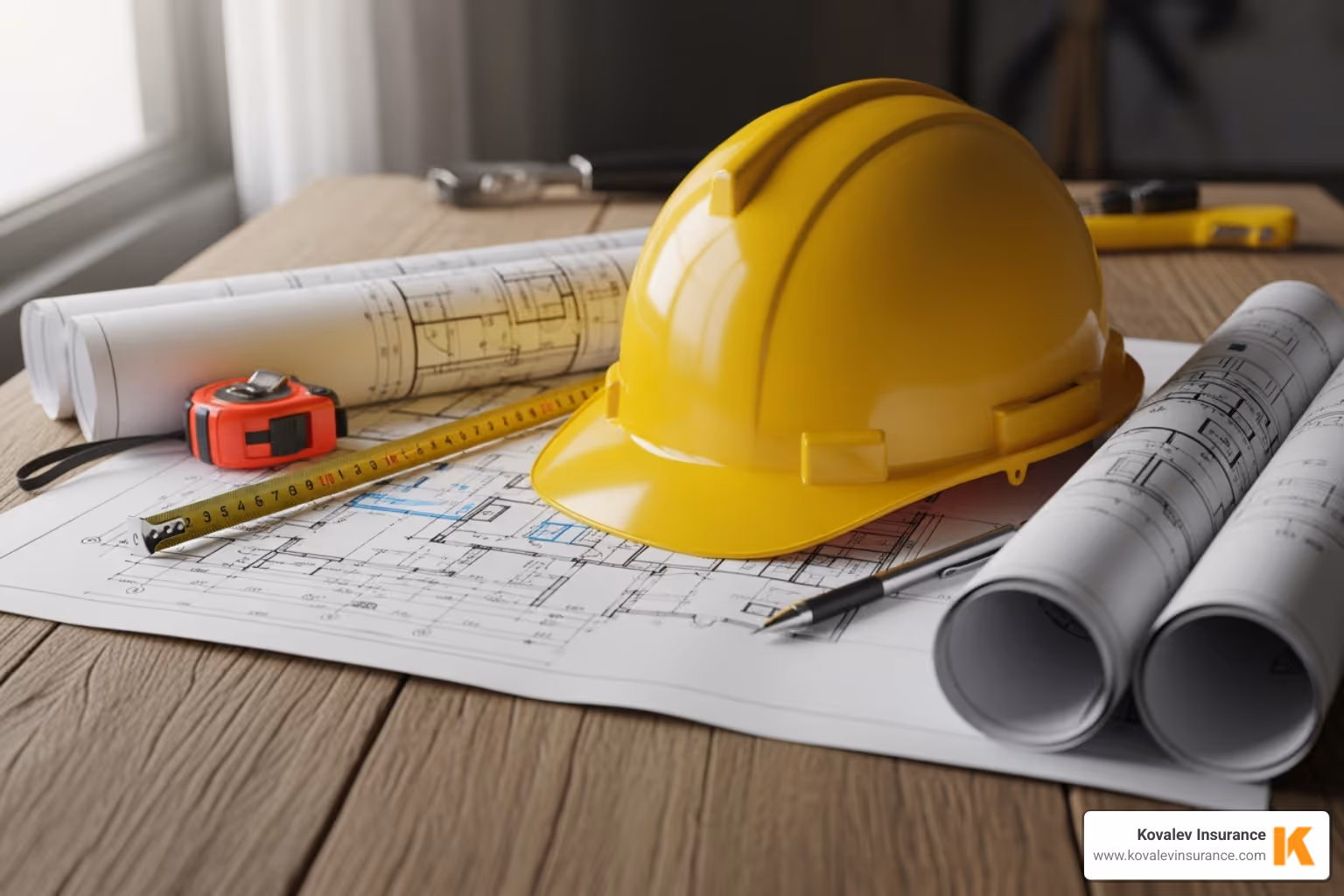 of blueprints and a hard hat on a wooden table - builders risk insurance online quote of blueprints and a hard hat on a wooden table - builders risk insurance online quote