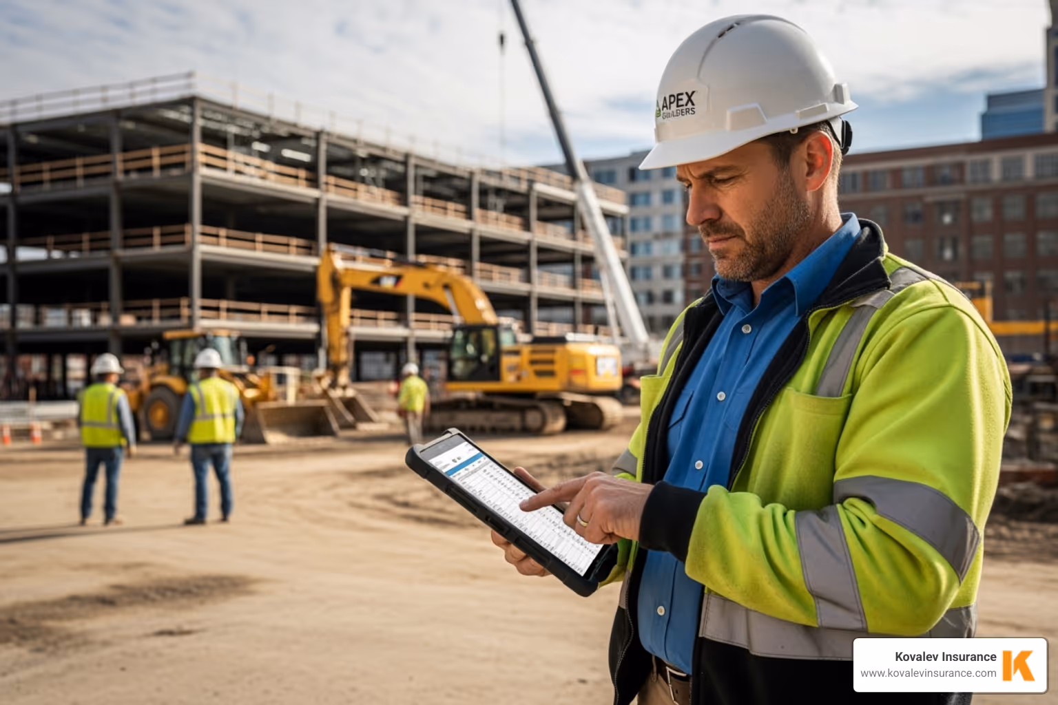 contractor reviewing a budget on a tablet at a job site in Wellesley - heavy equipment rental insurance
