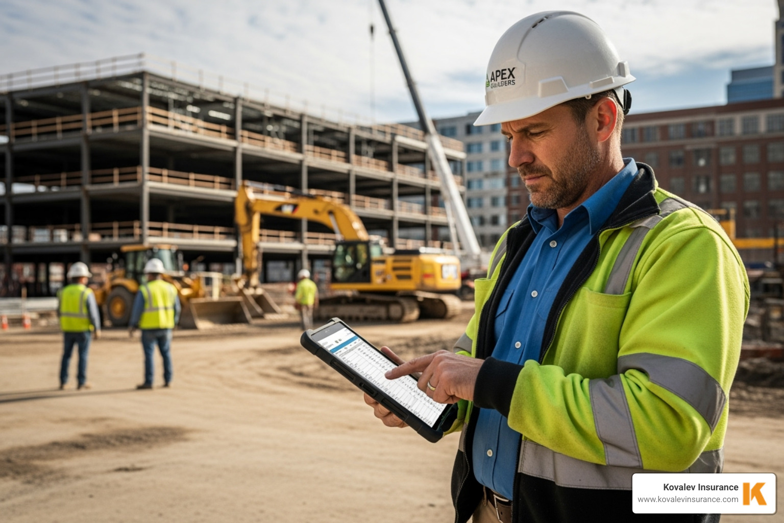 contractor reviewing a budget on a tablet at a job site in Wellesley - heavy equipment rental insurance