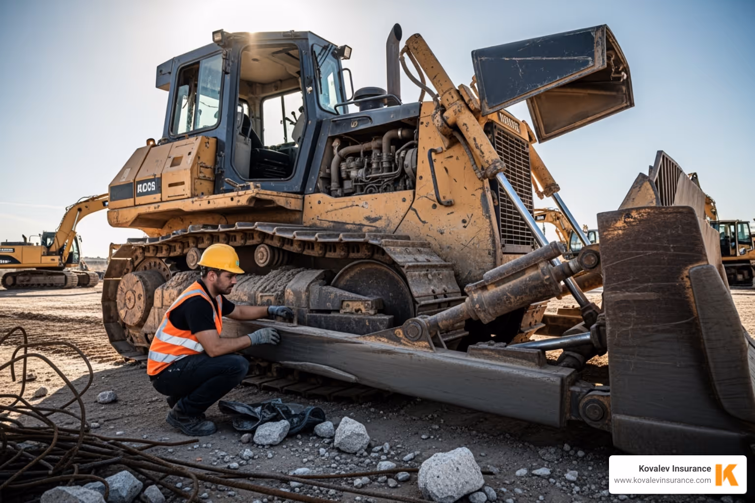 damaged bulldozer being inspected - heavy equipment rental insurance