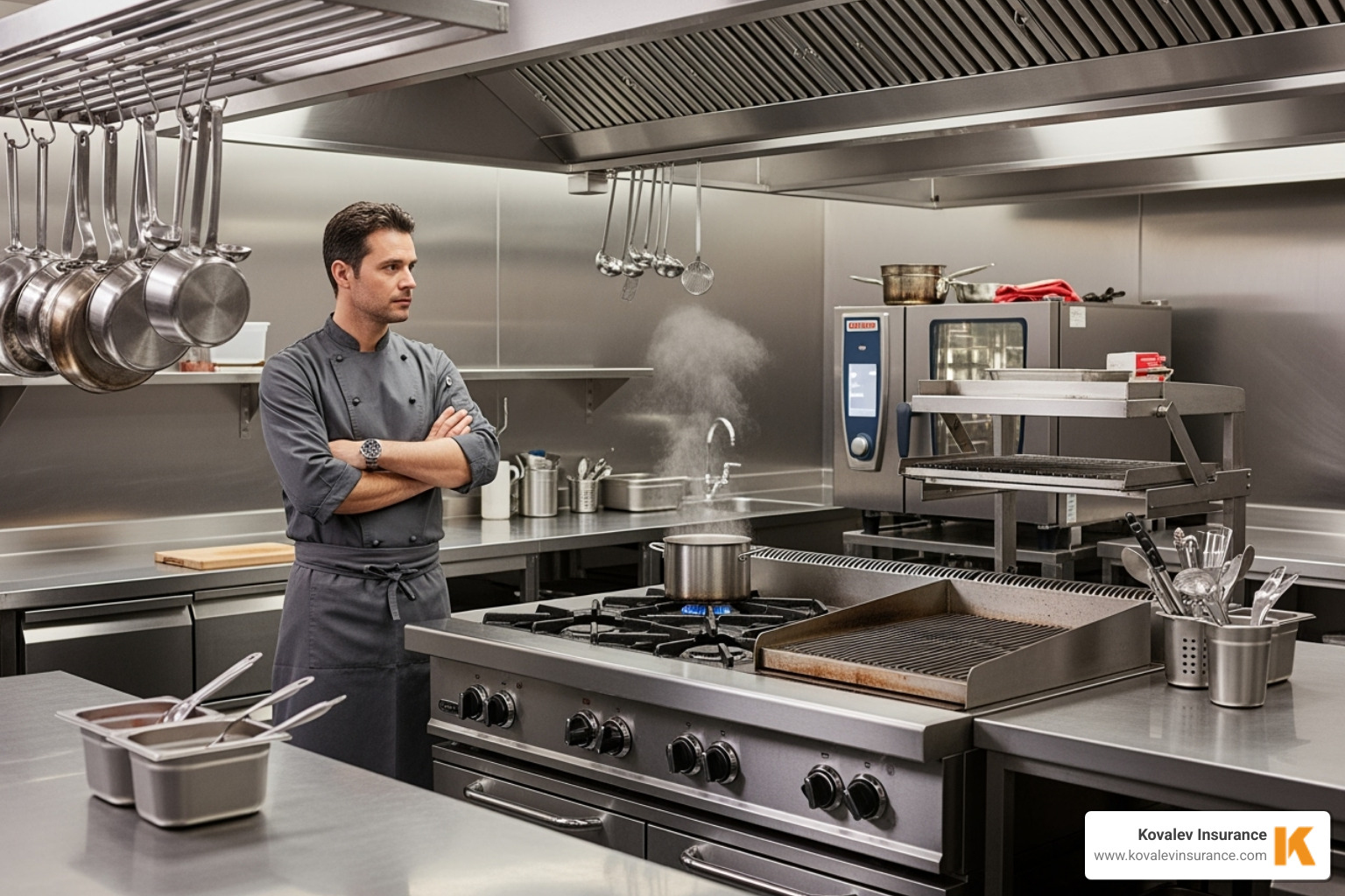 of a business owner in Wellesley looking thoughtfully at their commercial kitchen equipment - Equipment breakdown insurance of a business owner in Wellesley looking thoughtfully at their commercial kitchen equipment - Equipment breakdown insurance