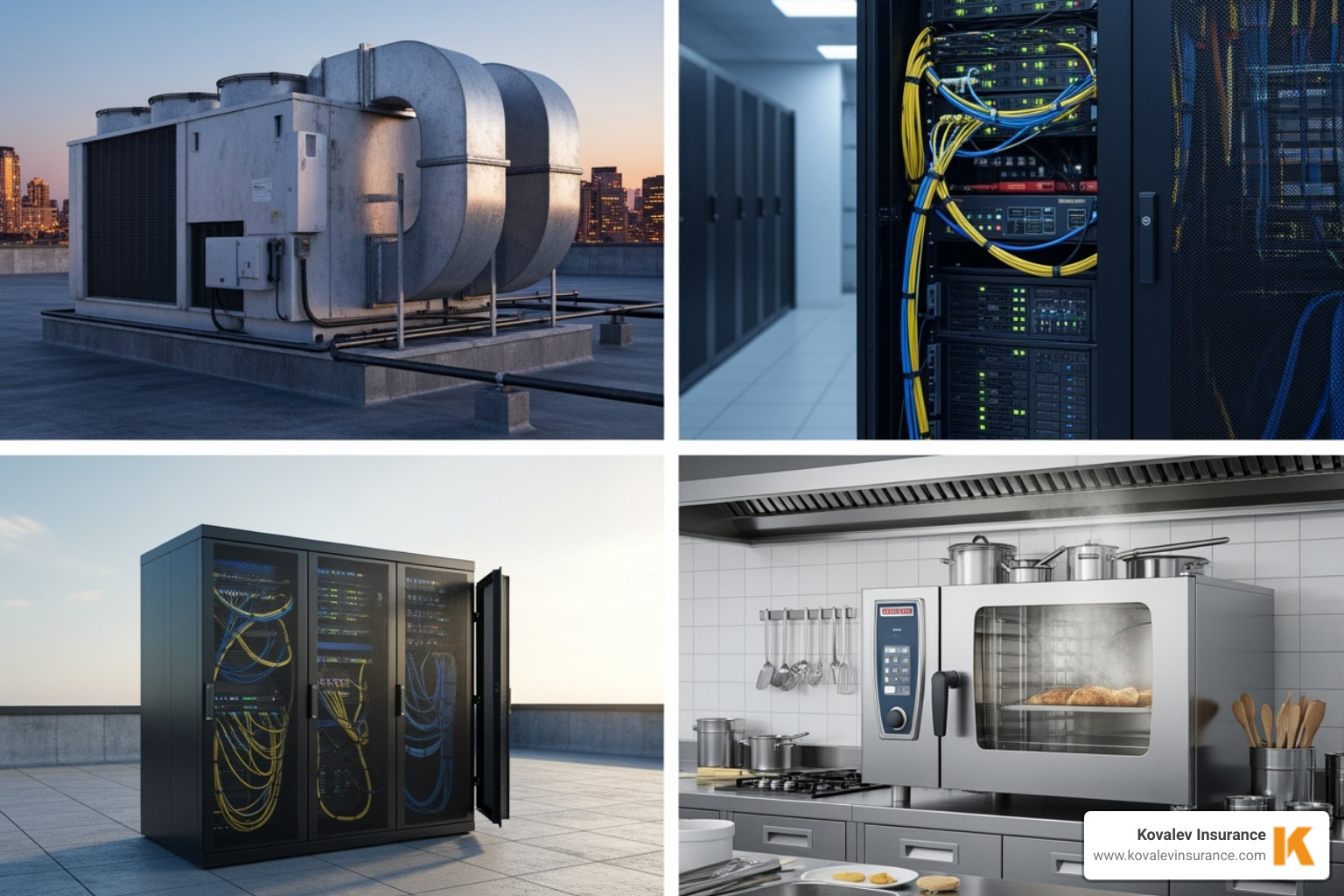 of a diverse range of commercial equipment, including an HVAC unit, a server rack, and a commercial oven - Equipment breakdown insurance of a diverse range of commercial equipment, including an HVAC unit, a server rack, and a commercial oven - Equipment breakdown insurance