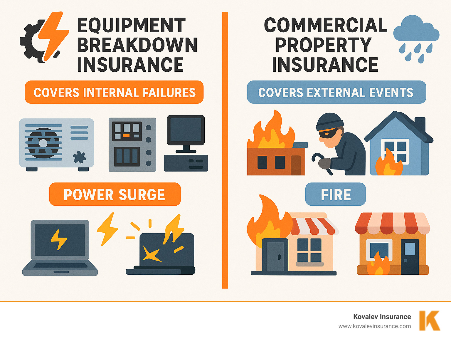 Comprehensive infographic showing the difference between Equipment Breakdown Insurance covering internal failures like power surges and mechanical breakdowns versus Commercial Property Insurance covering external events like fire, theft, and weather damage, with examples of covered equipment types and typical claim scenarios - Equipment breakdown insurance infographic Comprehensive infographic showing the difference between Equipment Breakdown Insurance covering internal failures like power surges and mechanical breakdowns versus Commercial Property Insurance covering external events like fire, theft, and weather damage, with examples of covered equipment types and typical claim scenarios - Equipment breakdown insurance infographic