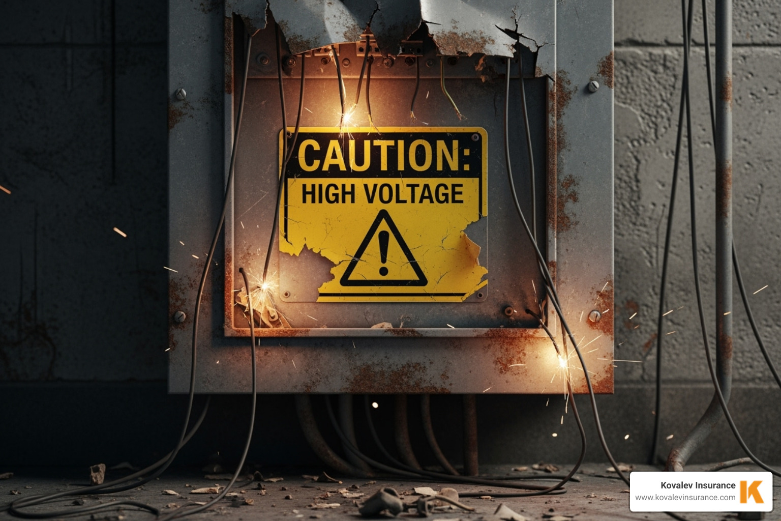 of a damaged electrical panel with a caution sign - Equipment breakdown insurance of a damaged electrical panel with a caution sign - Equipment breakdown insurance