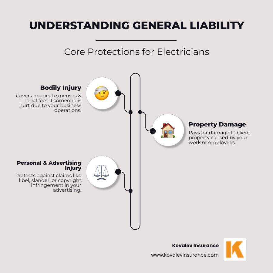 Infographic explaining the core components of general liability insurance: Bodily Injury, Property Damage, and Personal/Advertising Injury. - electrical contractor general liability insurance infographic infographic-line-3-steps-neat_beige Infographic explaining the core components of general liability insurance: Bodily Injury, Property Damage, and Personal/Advertising Injury. - electrical contractor general liability insurance infographic infographic-line-3-steps-neat_beige