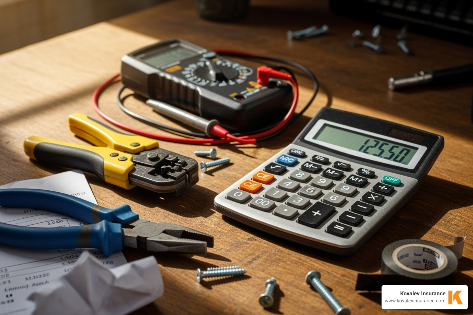 calculator and electrical tools to represent calculating insurance costs - electrical contractor insurance cost