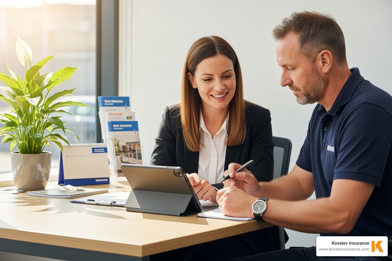 Kovalev Insurance logo with a friendly agent consulting a client - electrical contractor insurance cost