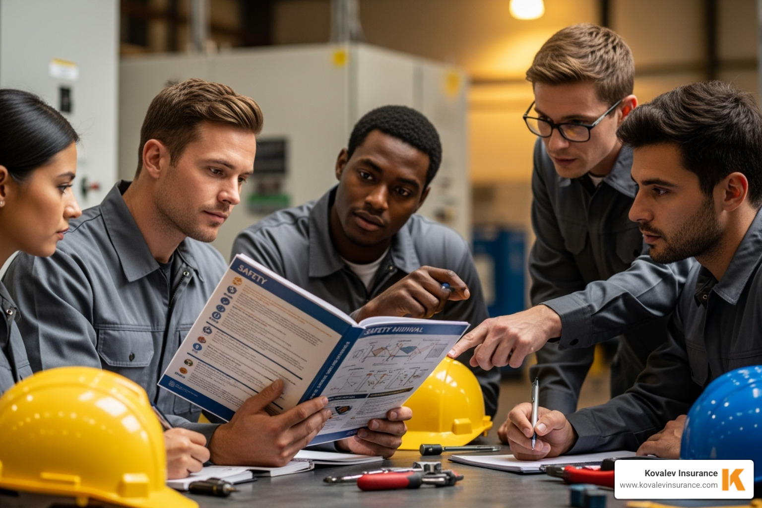 electrician reviewing a safety manual with their team - electrical contractor insurance cost