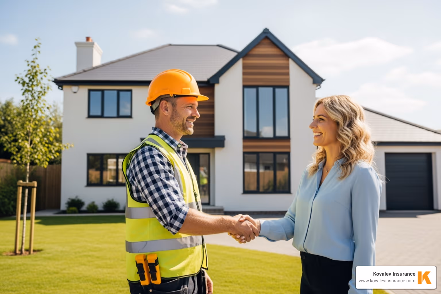 confident builder shaking hands with a happy client in front of a finished project - public liability insurance for self employed builders confident builder shaking hands with a happy client in front of a finished project - public liability insurance for self employed builders