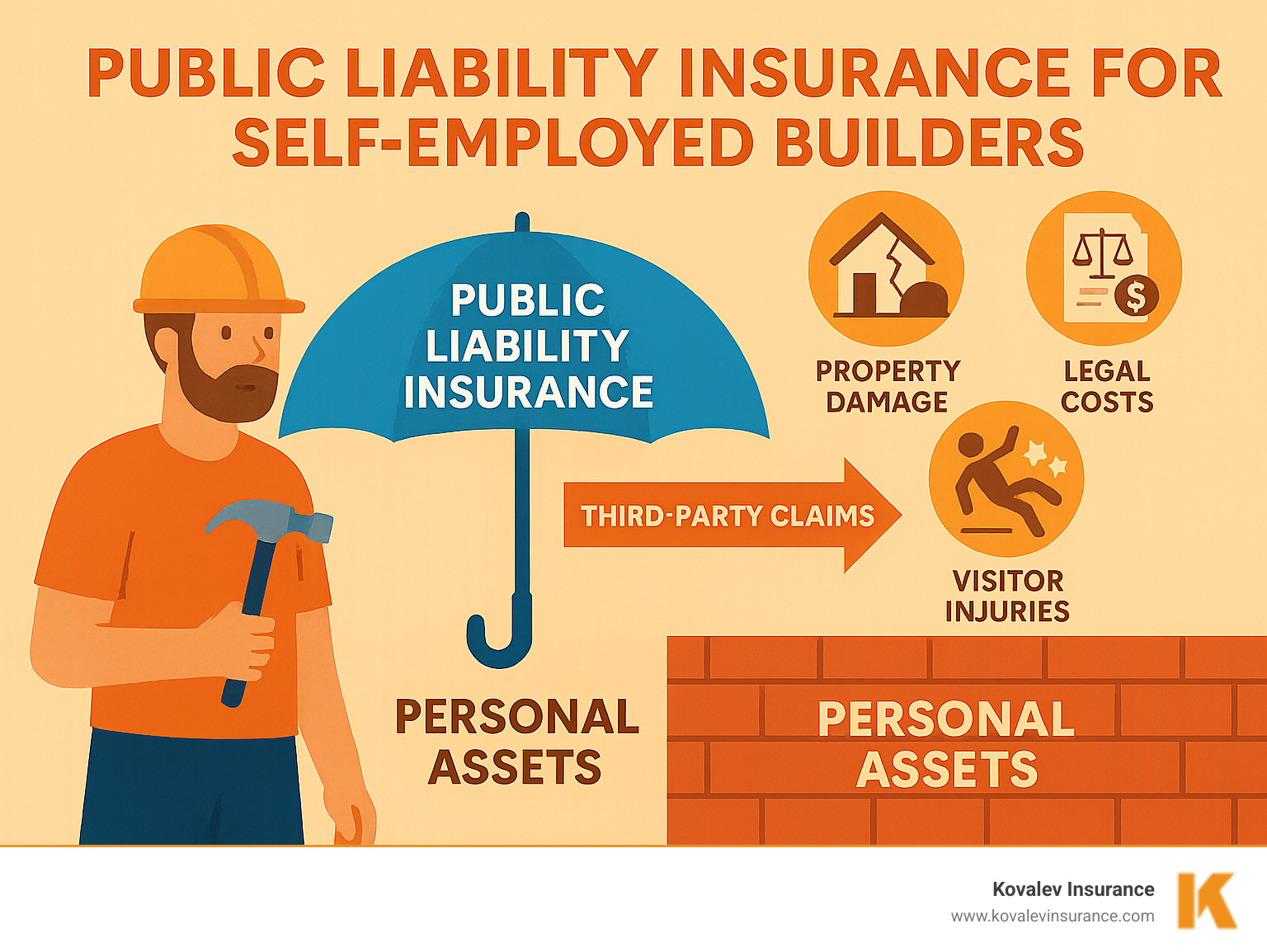 Infographic showing how public liability insurance creates a financial barrier between third-party claims and a self-employed builder's personal assets, with icons representing covered scenarios like property damage, visitor injuries, and legal costs - public liability insurance for self employed builders infographic 