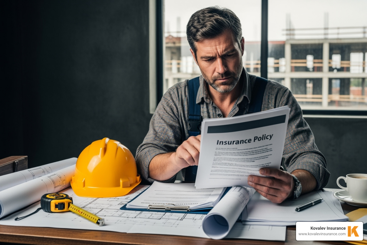 builder reviewing an insurance policy document - public liability insurance for self employed builders