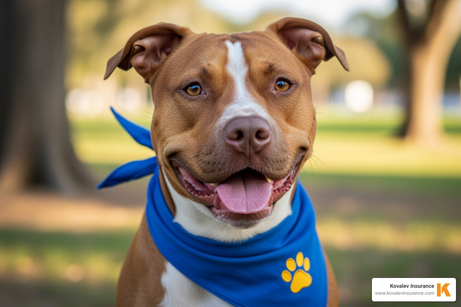 pit bull wearing a Canine Good Citizen bandana - homeowners insurance for pitbull owners