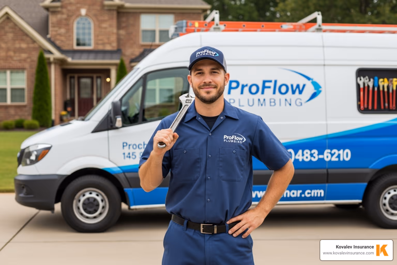 plumber with wrench standing outside of business van