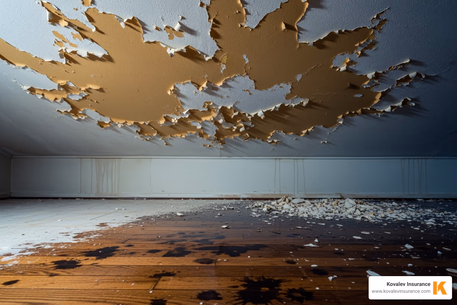 Image of a water-damaged ceiling and floor in a home, illustrating a common plumbing claim - plumbing contractors insurance Image of a water-damaged ceiling and floor in a home, illustrating a common plumbing claim - plumbing contractors insurance