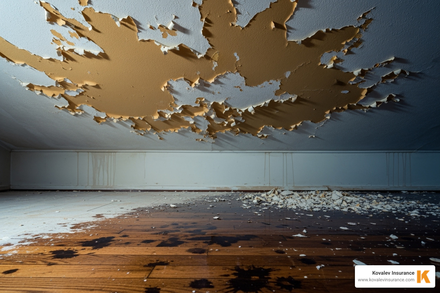 Image of a water-damaged ceiling and floor in a home, illustrating a common plumbing claim - plumbing contractors insurance