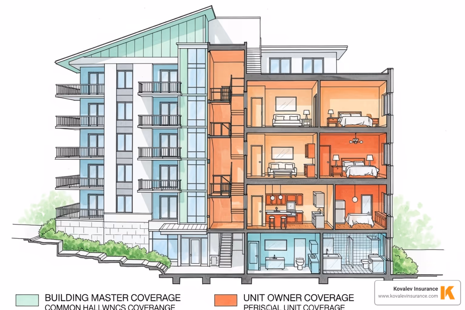 Diagram showing what the building's master policy covers versus what the individual's HO-6 policy covers - Affordable condo insurance Diagram showing what the building's master policy covers versus what the individual's HO-6 policy covers - Affordable condo insurance