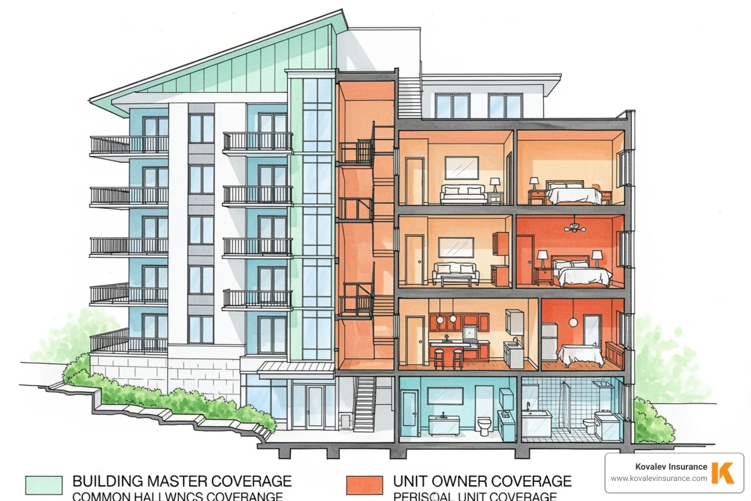 Diagram showing what the building's master policy covers versus what the individual's HO-6 policy covers - Affordable condo insurance