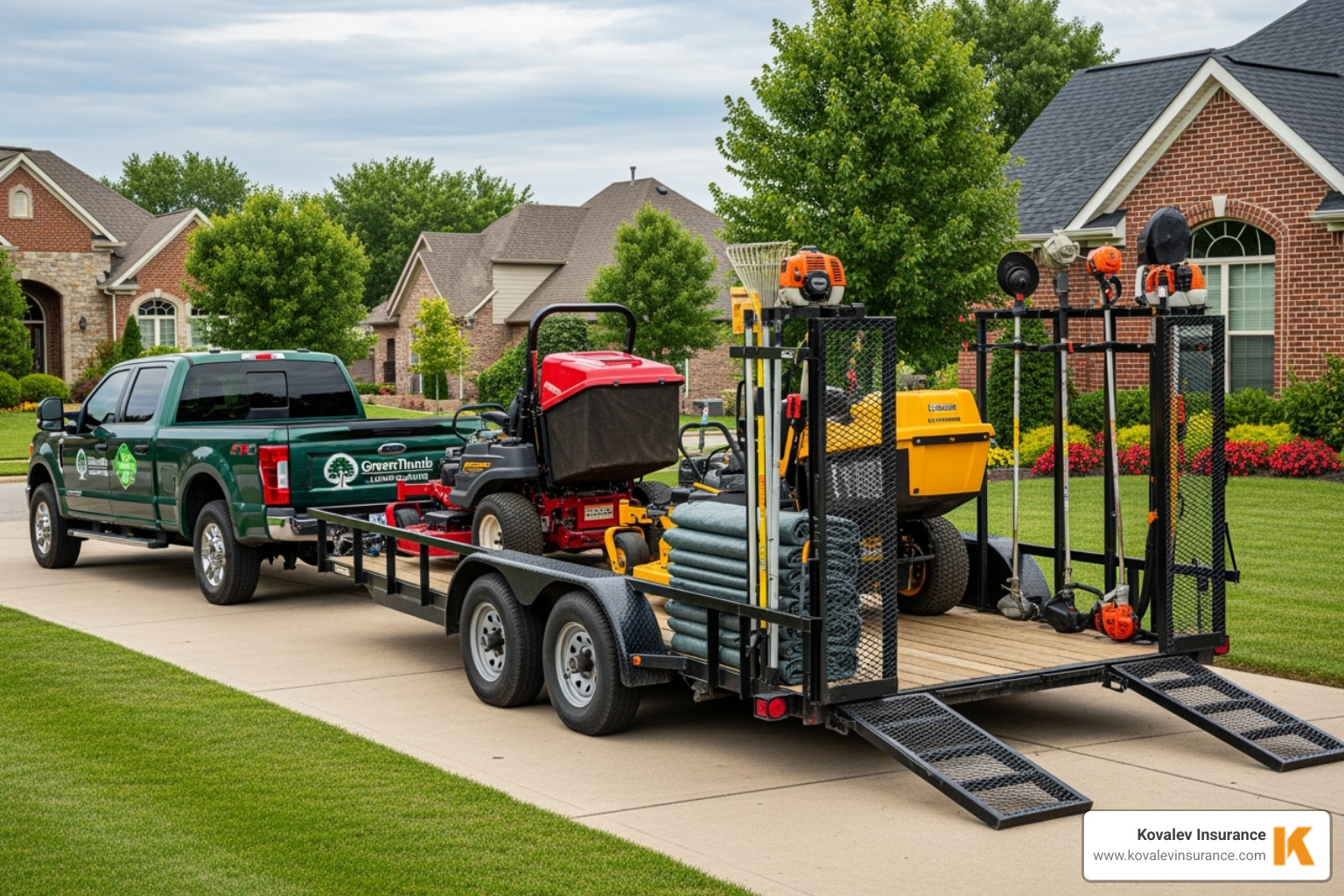 landscaping company truck with a trailer attached - landscape contractors insurance