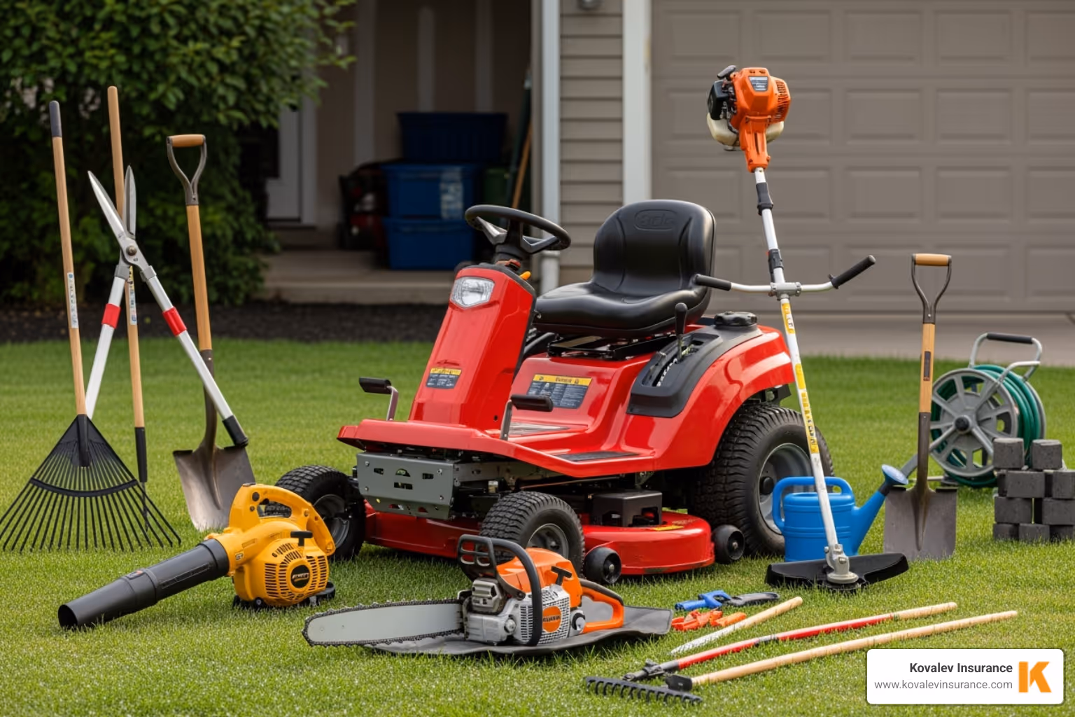 various landscaping tools like mowers, trimmers, and blowers - landscape contractors insurance
