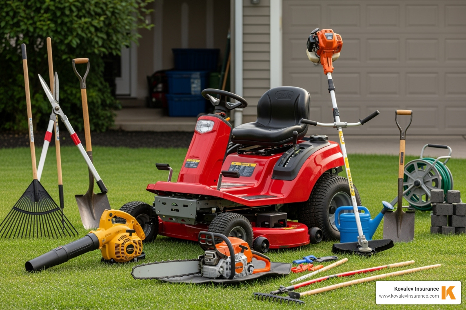 various landscaping tools like mowers, trimmers, and blowers - landscape contractors insurance