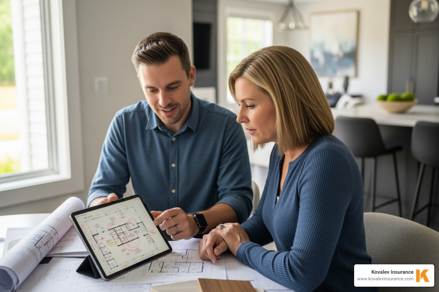 a project manager reviewing a plan on a tablet with a homeowner - insurance restoration companies a project manager reviewing a plan on a tablet with a homeowner - insurance restoration companies