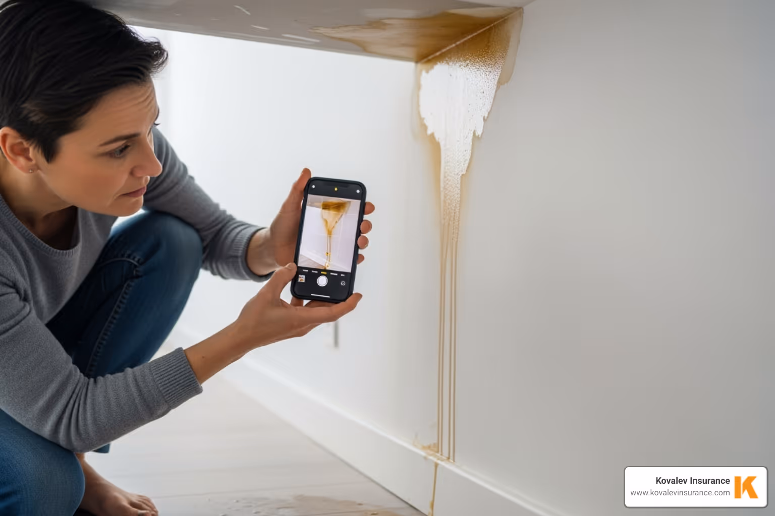 a homeowner safely taking photos of water damage on their phone - insurance restoration companies a homeowner safely taking photos of water damage on their phone - insurance restoration companies